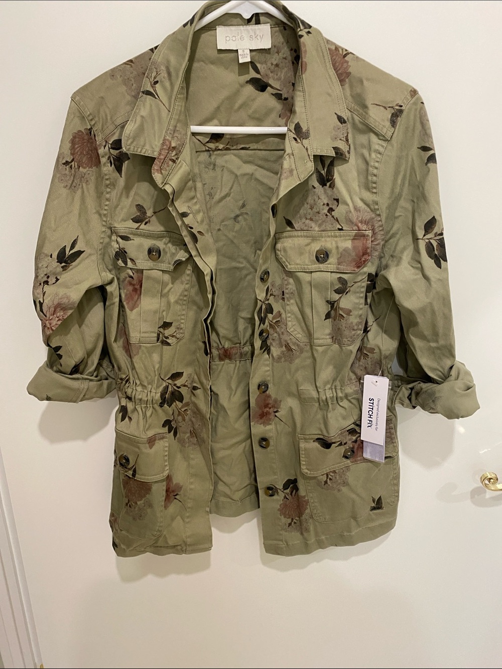 Pale Sky Olive Floral Utility Jacket with Adjustable Waist